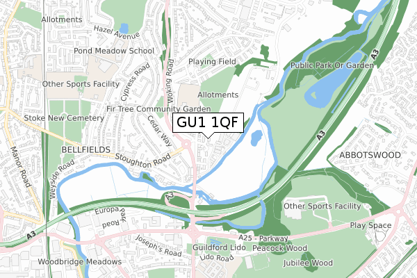 GU1 1QF map - small scale - OS Open Zoomstack (Ordnance Survey)