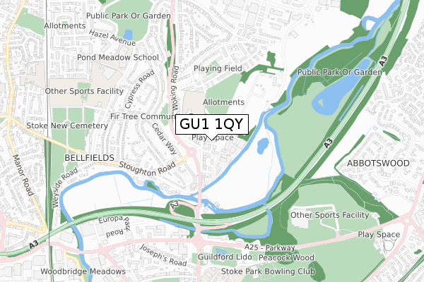 GU1 1QY map - small scale - OS Open Zoomstack (Ordnance Survey)