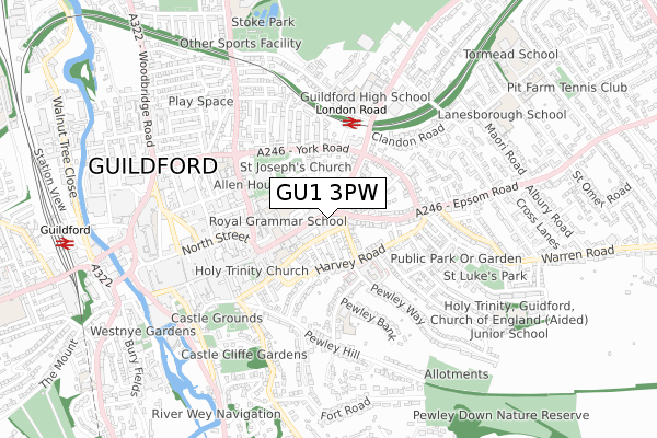 GU1 3PW map - small scale - OS Open Zoomstack (Ordnance Survey)