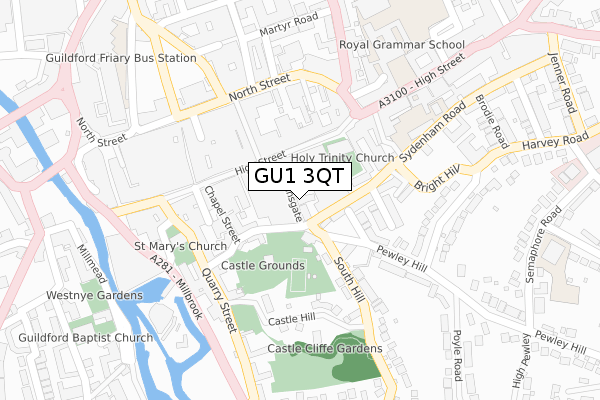 GU1 3QT map - large scale - OS Open Zoomstack (Ordnance Survey)