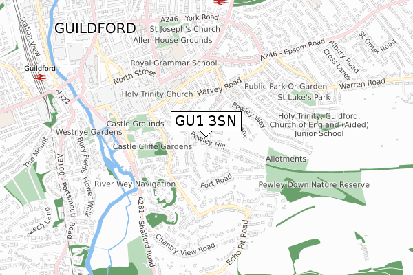 GU1 3SN map - small scale - OS Open Zoomstack (Ordnance Survey)