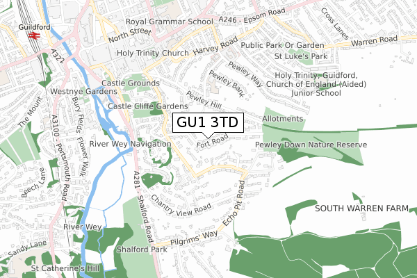 GU1 3TD map - small scale - OS Open Zoomstack (Ordnance Survey)