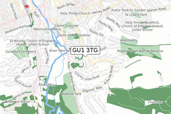 GU1 3TG map - small scale - OS Open Zoomstack (Ordnance Survey)