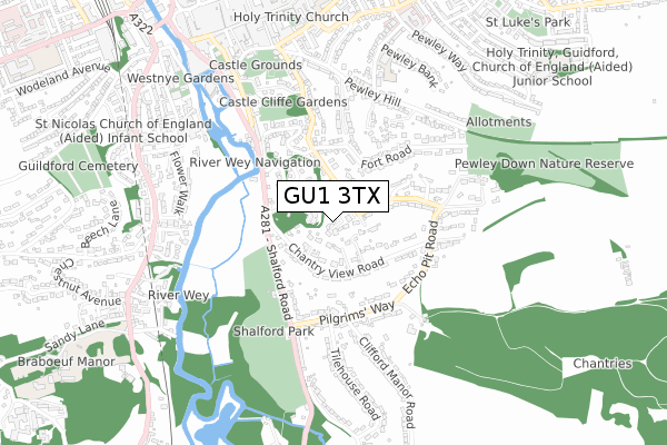 GU1 3TX map - small scale - OS Open Zoomstack (Ordnance Survey)