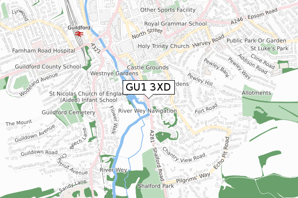 GU1 3XD map - small scale - OS Open Zoomstack (Ordnance Survey)