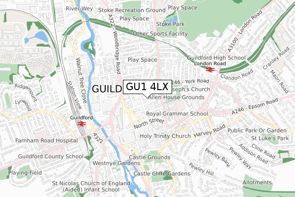 GU1 4LX map - small scale - OS Open Zoomstack (Ordnance Survey)