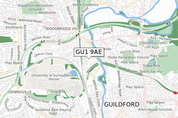 GU1 9AE map - small scale - OS Open Zoomstack (Ordnance Survey)