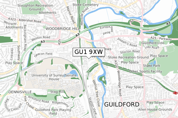 GU1 9XW map - small scale - OS Open Zoomstack (Ordnance Survey)