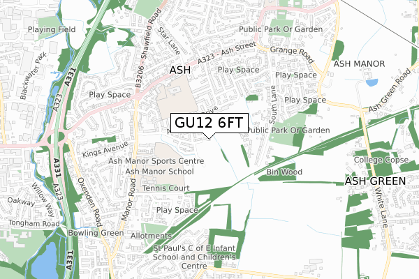 GU12 6FT map - small scale - OS Open Zoomstack (Ordnance Survey)