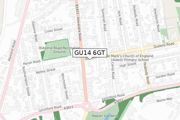 GU14 6GT map - large scale - OS Open Zoomstack (Ordnance Survey)