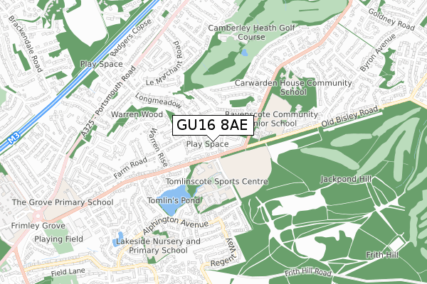 GU16 8AE map - small scale - OS Open Zoomstack (Ordnance Survey)