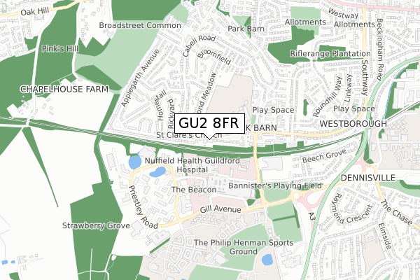 GU2 8FR map - small scale - OS Open Zoomstack (Ordnance Survey)