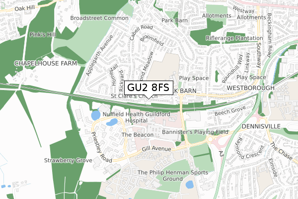 GU2 8FS map - small scale - OS Open Zoomstack (Ordnance Survey)