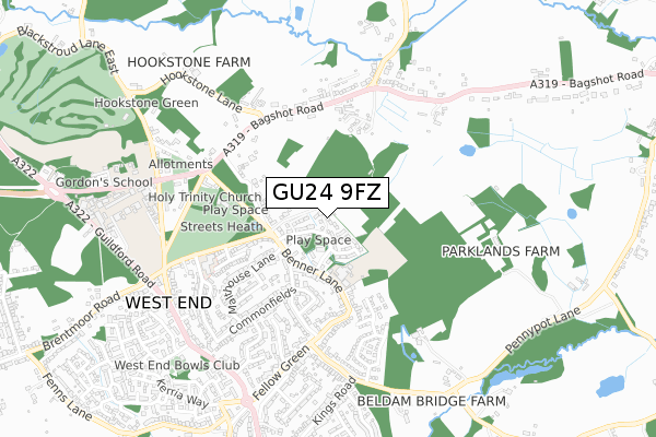 GU24 9FZ map - small scale - OS Open Zoomstack (Ordnance Survey)