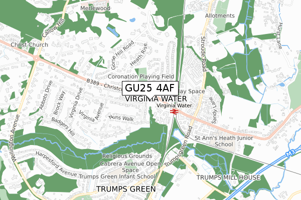 GU25 4AF map - small scale - OS Open Zoomstack (Ordnance Survey)