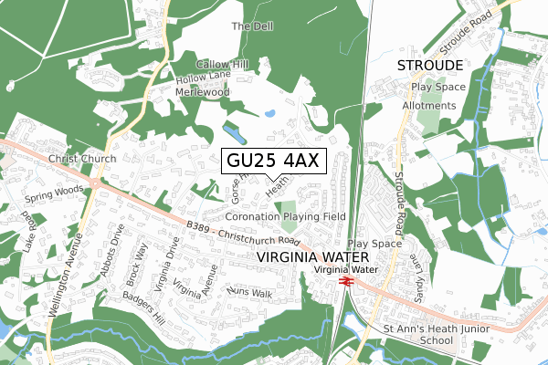 GU25 4AX map - small scale - OS Open Zoomstack (Ordnance Survey)