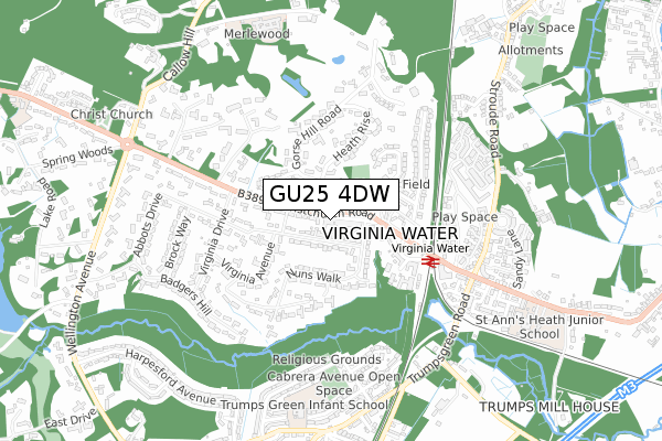 GU25 4DW map - small scale - OS Open Zoomstack (Ordnance Survey)