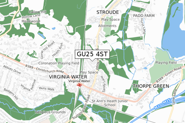 GU25 4ST map - small scale - OS Open Zoomstack (Ordnance Survey)