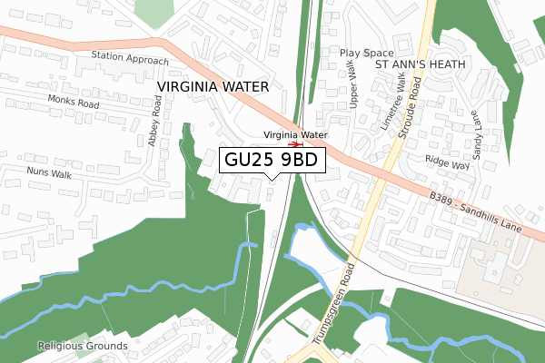 GU25 9BD map - large scale - OS Open Zoomstack (Ordnance Survey)