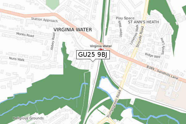 GU25 9BJ map - large scale - OS Open Zoomstack (Ordnance Survey)