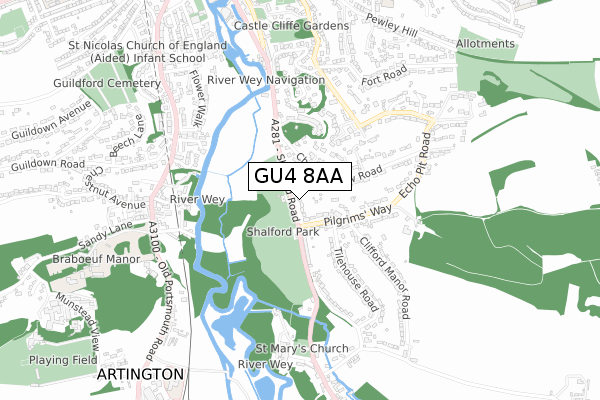 GU4 8AA map - small scale - OS Open Zoomstack (Ordnance Survey)