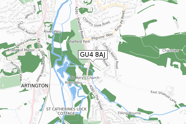 GU4 8AJ map - small scale - OS Open Zoomstack (Ordnance Survey)