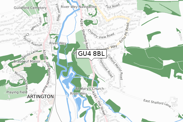 GU4 8BL map - small scale - OS Open Zoomstack (Ordnance Survey)
