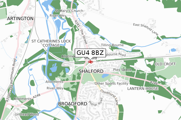 GU4 8BZ map - small scale - OS Open Zoomstack (Ordnance Survey)