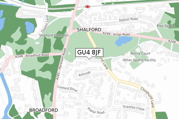 GU4 8JF map - large scale - OS Open Zoomstack (Ordnance Survey)