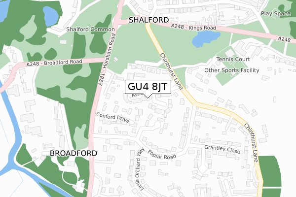 GU4 8JT map - large scale - OS Open Zoomstack (Ordnance Survey)