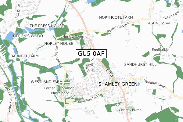 GU5 0AF map - small scale - OS Open Zoomstack (Ordnance Survey)