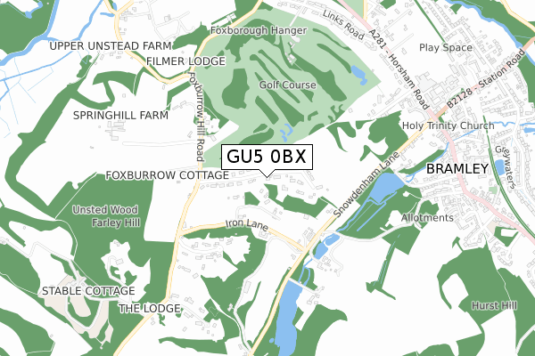 GU5 0BX map - small scale - OS Open Zoomstack (Ordnance Survey)