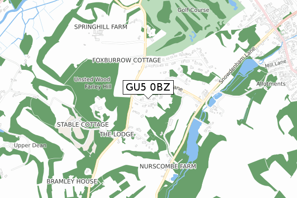 GU5 0BZ map - small scale - OS Open Zoomstack (Ordnance Survey)