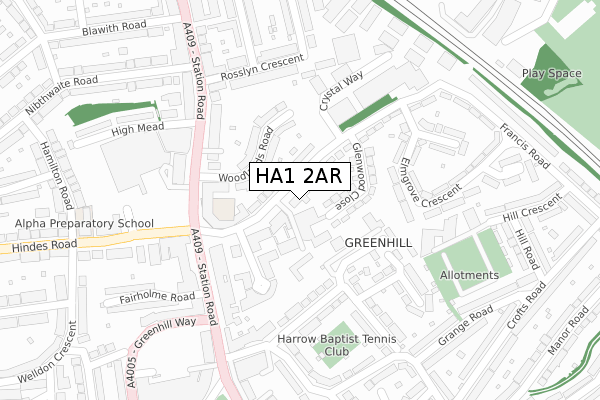 HA1 2AR map - large scale - OS Open Zoomstack (Ordnance Survey)