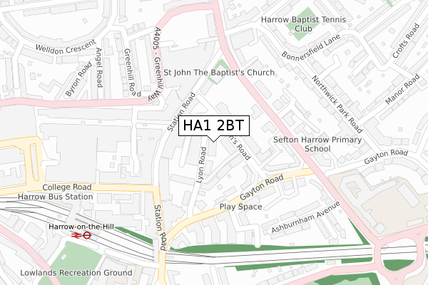 HA1 2BT map - large scale - OS Open Zoomstack (Ordnance Survey)
