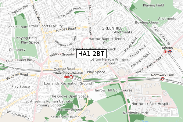 HA1 2BT map - small scale - OS Open Zoomstack (Ordnance Survey)