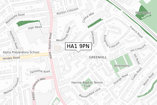 HA1 9PN map - large scale - OS Open Zoomstack (Ordnance Survey)
