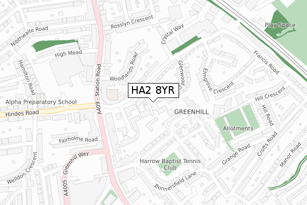 HA2 8YR map - large scale - OS Open Zoomstack (Ordnance Survey)