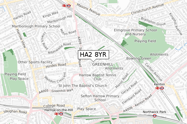 HA2 8YR map - small scale - OS Open Zoomstack (Ordnance Survey)
