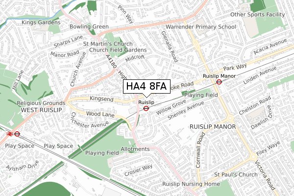 HA4 8FA map - small scale - OS Open Zoomstack (Ordnance Survey)