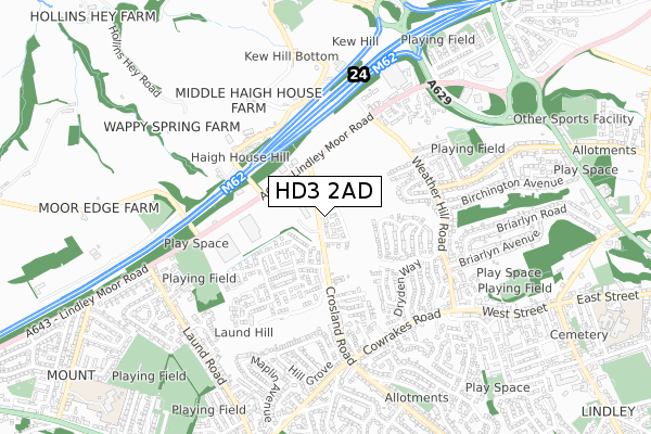 HD3 2AD map - small scale - OS Open Zoomstack (Ordnance Survey)