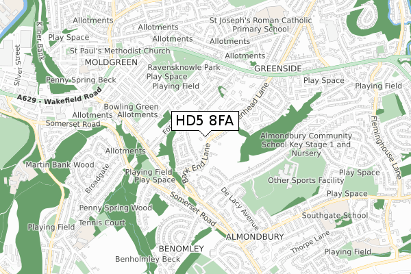 HD5 8FA map - small scale - OS Open Zoomstack (Ordnance Survey)