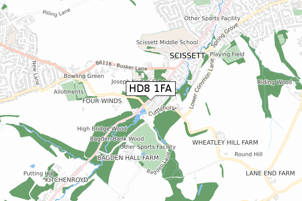 HD8 1FA map - small scale - OS Open Zoomstack (Ordnance Survey)