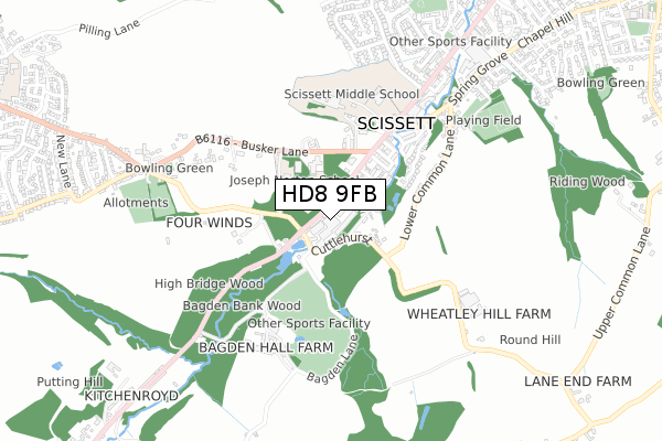 HD8 9FB map - small scale - OS Open Zoomstack (Ordnance Survey)