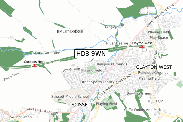 HD8 9WN map - small scale - OS Open Zoomstack (Ordnance Survey)