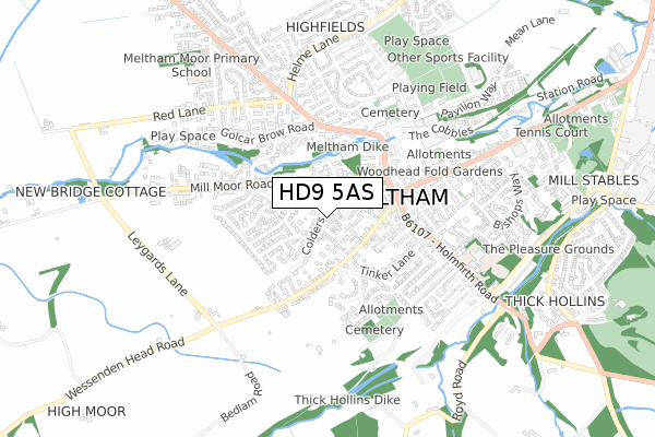 HD9 5AS map - small scale - OS Open Zoomstack (Ordnance Survey)