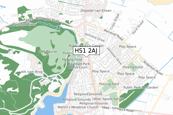 HS1 2AJ map - small scale - OS Open Zoomstack (Ordnance Survey)