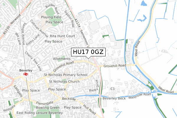 HU17 0GZ map - small scale - OS Open Zoomstack (Ordnance Survey)
