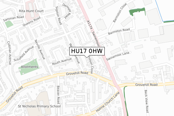 HU17 0HW map - large scale - OS Open Zoomstack (Ordnance Survey)