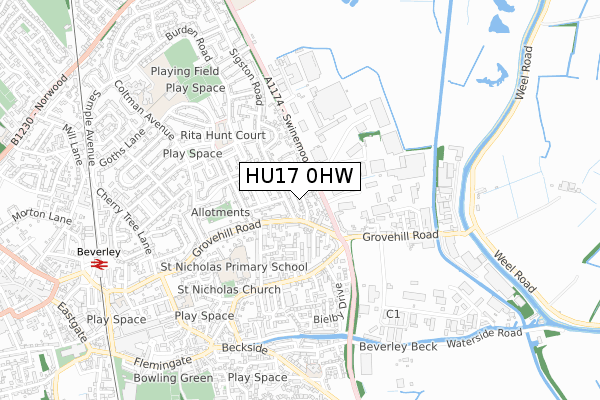 HU17 0HW map - small scale - OS Open Zoomstack (Ordnance Survey)